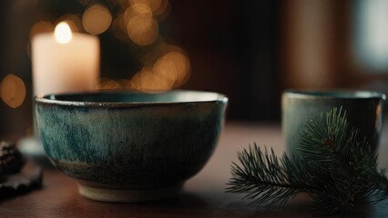 Fototapeta premium Teal ceramic bowl and cup on a wooden table, softly lit by a candle with pine sprig and warm bokeh in the background. Concept Teal ceramic bowl and cup, Candlelit cozy table, Pine sprig decor