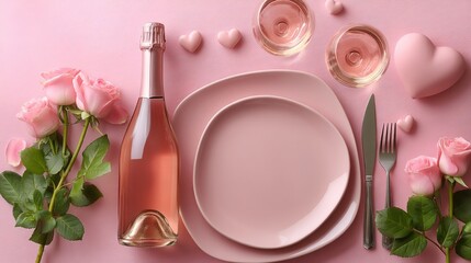 A beautifully arranged table features soft pink plates and glasses, complemented by fresh roses and decorative hearts, perfect for a romantic Valentine's Day dinner celebration