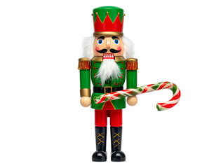 Festive wooden figurine of a soldier, decorated for the holidays, holding candy cane