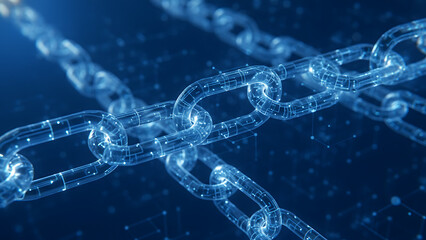 Digital network of glowing blue interlinked chains on a dark background