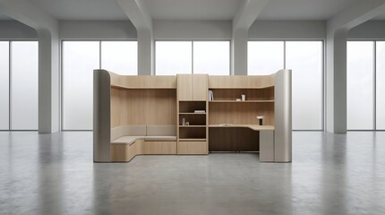 A large wooden office workstation pod with integrated seating and shelving stands in the middle of a minimalist concrete hall