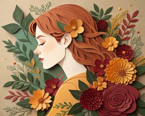 Paper cutout woman surrounded by autumnal flowers and foliage
