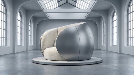 An oval metallic shell chair with white cushioning sits in a vast minimalist hall with concrete floors and arched columns