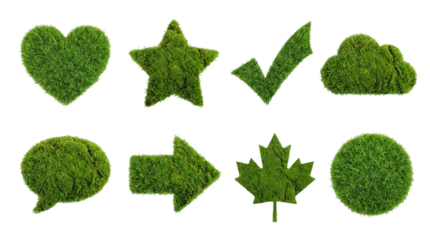Green grass shapes set including heart, star, checkmark, cloud, speech bubble, arrow, maple leaf, and circle isolated. Nature and ecology decorative icons.
