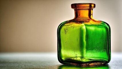 A square green glass bottle with an amber neck sits on a surface, backlit to glow through the translucent glass. Concept Backlit Glass Still Life, Green Glass Bottle, Amber Neck, Translucent Glow