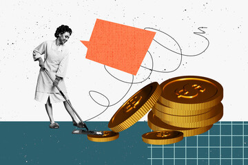 Creative full artwork pop collage of happy housemaid wipe mop floor dollar coin transaction...