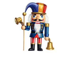 Festive wooden soldier with blue & red uniform, top hat, holding bells and staff