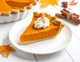 A slice of orange pie with whipped cream on a white plate, part of a whole pie
