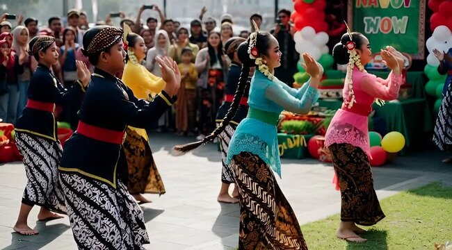 Traditional Indonesian Dancers Perform in Colorful Costumes at Festival.