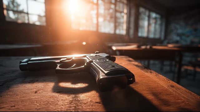 A pistol rests on a wooden table, illuminated by soft sunlight.