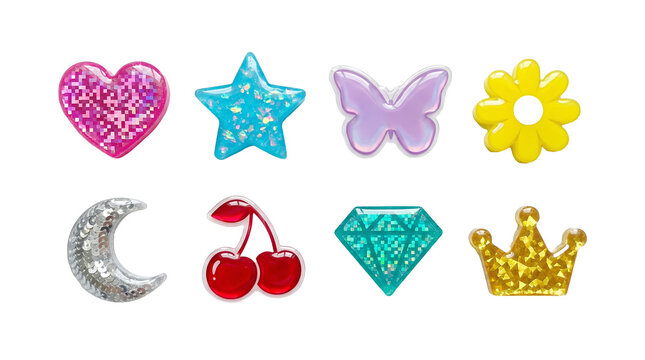 Colorful resin charm set including heart, star, butterfly, flower, moon, cherry, diamond, and crown shapes isolated. Glossy craft and jewelry collection.