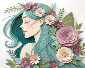 Whimsical paper art portrait of a woman adorned with flowers