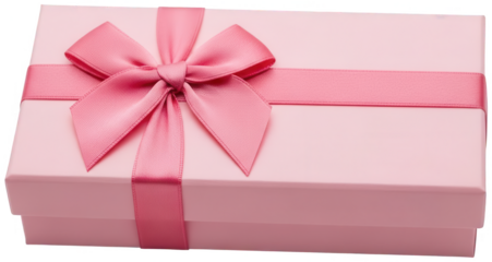 Rectangular light pink gift box with a beautiful ribbon bow on a transparent background