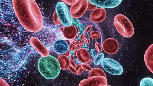 Red blood cell and platelet flow through microscopic blood vessel with plasma particles and circulation dynamics red blood cell circulation artery with molecular flow and energy red blood cell