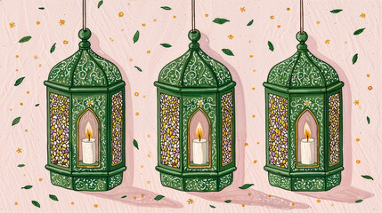 Hand drawn Ramadan Kareem background with green hanging lanterns and candles, cozy festive mood for banners.