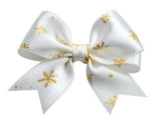 A close-up of a white satin bow adorned with gold snowflake patterns