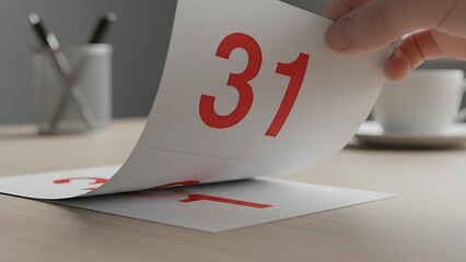 Hand turning the 31st day page of a desk calendar, symbolizing deadlines, time management, and new beginnings