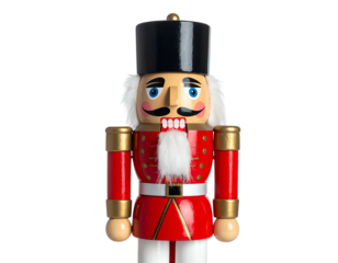 A wooden toy soldier with a red coat, black hat, and a white beard, isolated