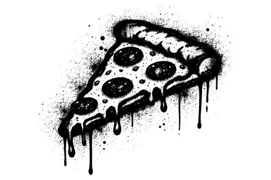 Dripping black ink pizza slice with pepperoni in grunge style