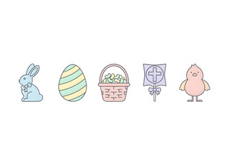 Naklejka premium Adorable pastel Easter themed icons with a bunny, striped egg, jelly bean basket, religious cross, and chick