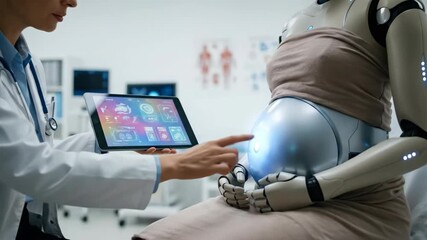 Doctor examining pregnant robot in medical office, displaying vital signs on digital tablet for maternity monitoring. - Powered by Adobe