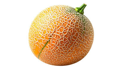 A ripe, whole melon with a textured, webbed rind sits against a solid black background