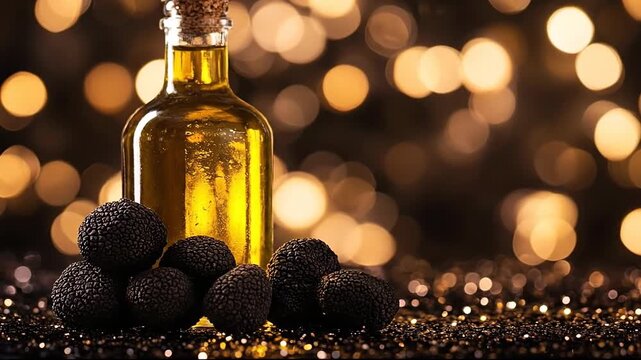 Elegant bottle of olive oil with black truffles against a bokeh backdrop.
