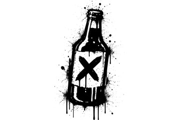 Grunge ink bottle with x mark and splatter effects in black and white design