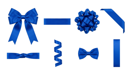 Blue satin ribbon set including gift bows, flat strips, curly strand, and corner border isolated. Decorative elements for holiday presents and celebration wrapping.