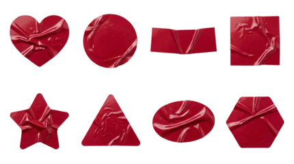 Red adhesive tape set including heart, circle, rectangle, square, star, triangle, oval, and hexagon shapes isolated. Crumpled vinyl sticker and glossy plastic label collection.