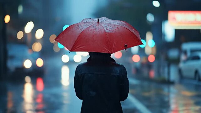 A person with a red umbrella walking in a rainy urban setting.