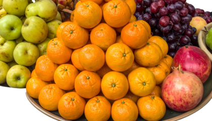 A vibrant still life showcases a medley of fresh fruits arranged in a colorful display