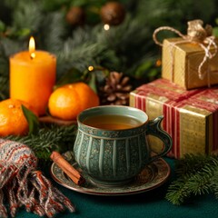 Festive Serenity: A cozy holiday still life, a steaming cup of tea amidst twinkling lights, citrus, and wrapped gifts, evoking warmth and the magic of the season.
