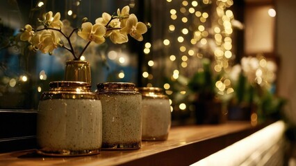 Three ceramic jars with brown lids on a wooden counter, a vase of white orchids, and warm bokeh lights in the background. Concept Rustic still life, Ceramic jars on wood, White orchid vase