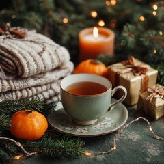 Cozy Christmas Still Life: A warm cup of tea sits amidst a comforting Christmas scene, with a candle, gifts, and seasonal decorations, creating a sense of peace and nostalgia.