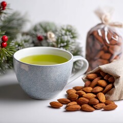 Cup of green tea and almonds: A tranquil composition, featuring a steaming cup of green tea alongside a selection of fresh almonds, creating an image of harmony and health. Perfect for health.