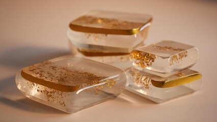 Decorative clear glass blocks with gold leaf flecks and a gold strip inside. Concept Glass blocks decor, Gold leaf accents, Clear glass art, Interior design accents, Metallic strip