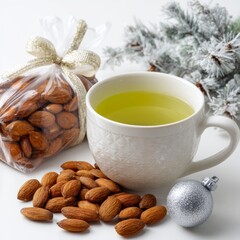 Tea and Almonds: A serene arrangement presents a cup of steaming tea, alongside a transparent bag filled with whole almonds and a scattering of these nuts.