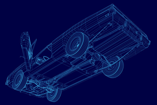 A vintage sports car wireframe model rotates on a solid blue background, revealing detailed engineering blueprints and technical schematics.