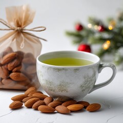 Almond and Herbal Tea Serenity: A cozy scene with a rustic teacup filled with herbal tea, accompanied by a scattering of almonds and a decorative bag of almonds.