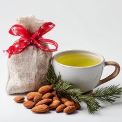 Almond tea with Gift Bag and pine branch: A serene composition featuring a cup of warm tea, accompanied by a collection of almonds, a decorative gift bag tied with a vibrant red bow.