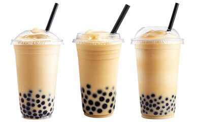 Creamy bubble milk tea with tapioca pearls in glass cup, isolated on white transparent background