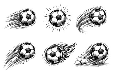 Dynamic grunge soccer balls in motion with sketch style effects