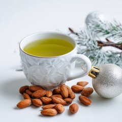 Festive Tea with Almonds: A tranquil moment captured with a cup of tea, accompanied by scattered almonds, festive ornaments, and a sprig of greenery, embodying warmth and the holiday spirit.