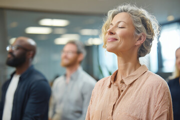 Mindfulness at Work Employees people participating in a meditation session in a corporate wellness program