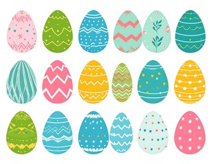 Colorful, decorated eggs arranged in rows, celebrating Easter