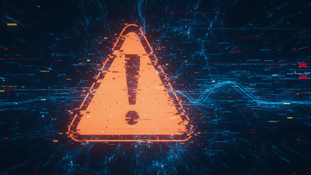 Digital alert abstract glitchy hazard warning symbol with circuitry background