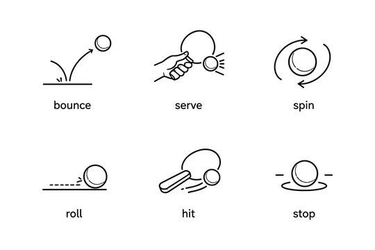 Table tennis actions illustrated in simple line art style