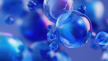 Close-up of translucent blue bubbles floating in liquid, an abstract macro photograph. Concept Macro abstract photography, Blue bubbles in liquid, Close-up translucent spheres