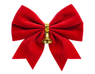 Close-up of a festive red velvet bow with a gold bell in the center, on black